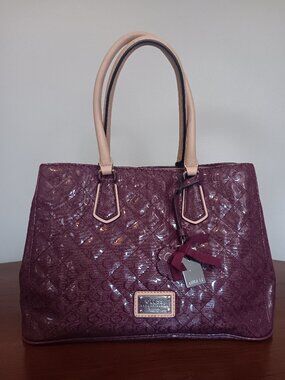 GUESS Quilted Monogram Logo Tote Bag | PLUM Patent Satchel Shoulder Bag